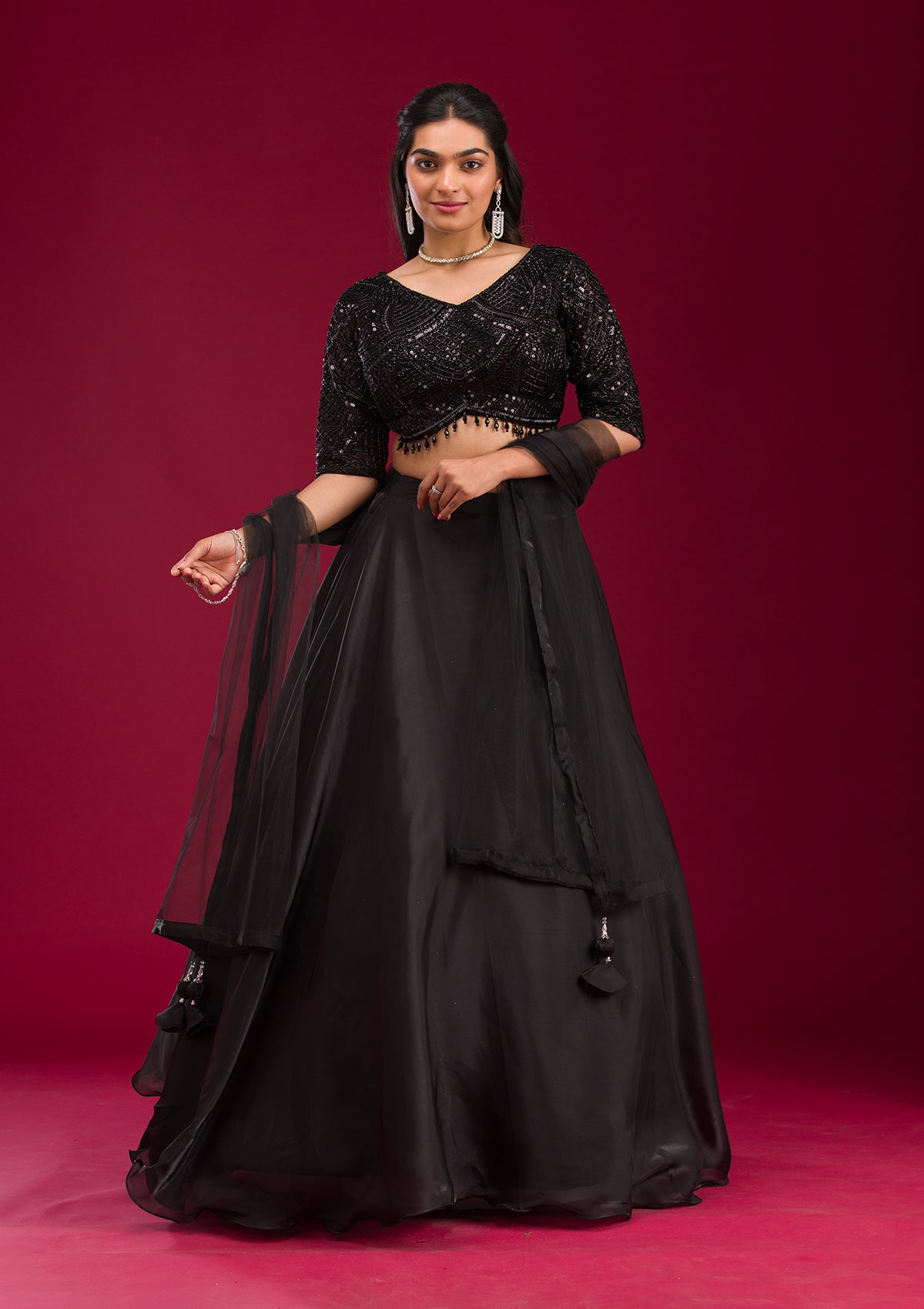 Black Stonework Semi Crepe Readymade Lehenga-Koskii