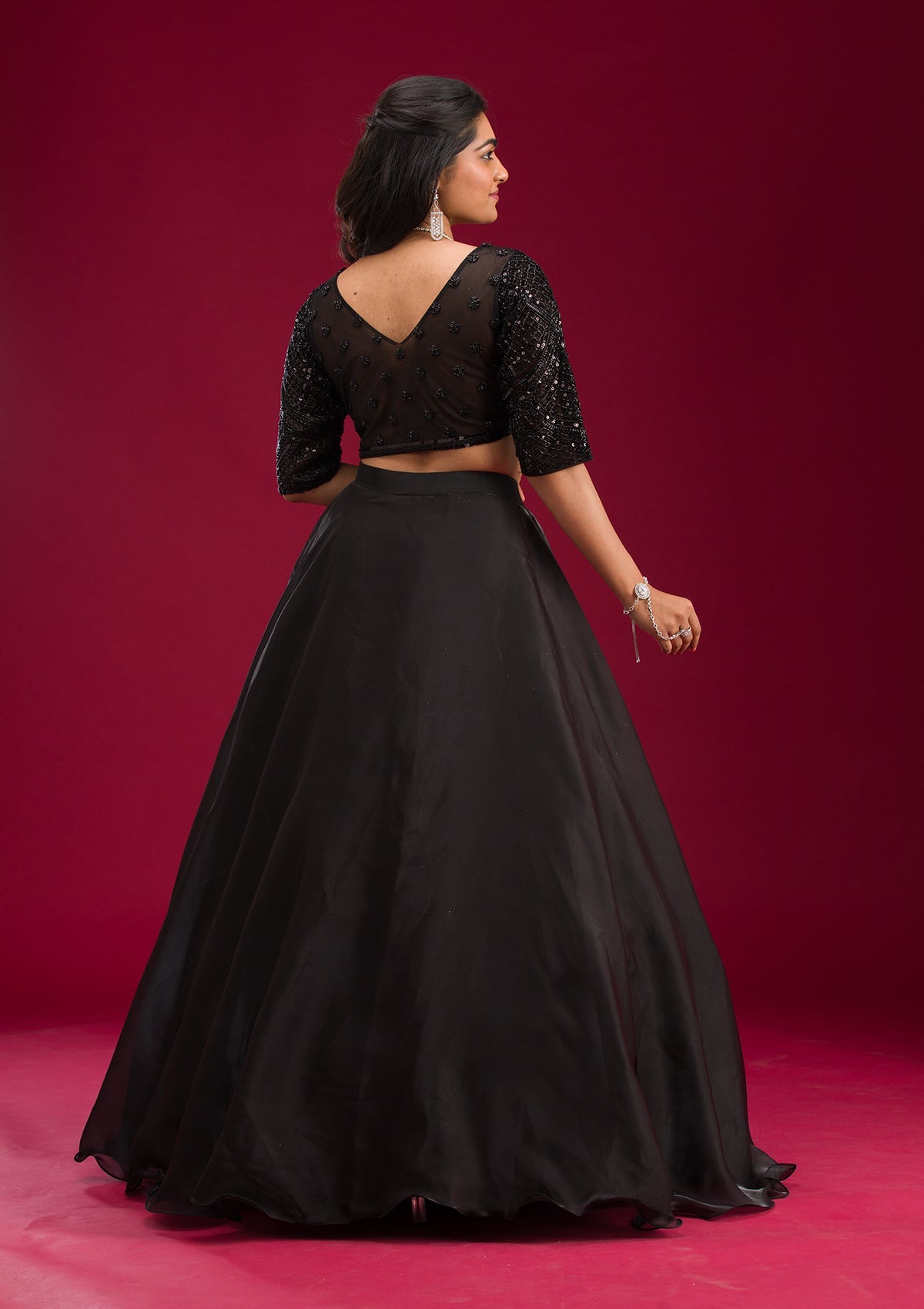 Black Stonework Semi Crepe Readymade Lehenga