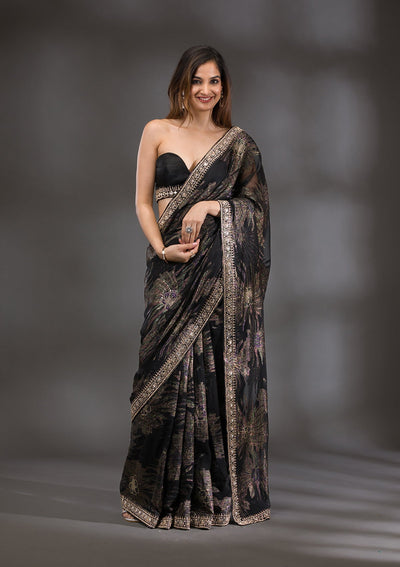 Black Stonework Shimmer Saree-Koskii