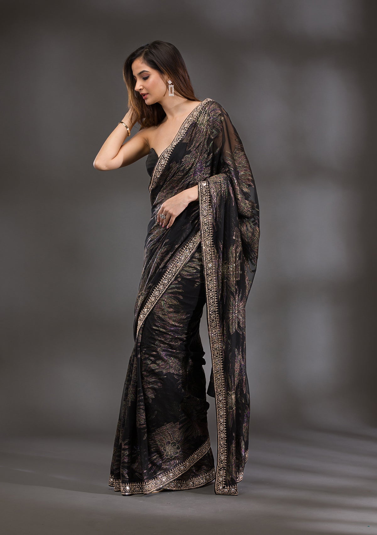 Black Stonework Shimmer Saree-Koskii