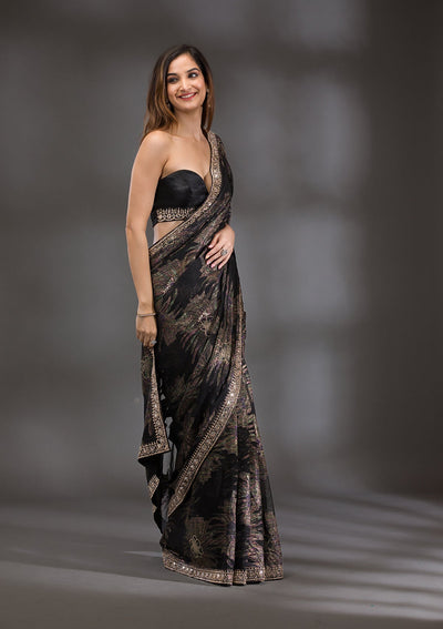 Black Stonework Shimmer Saree-Koskii