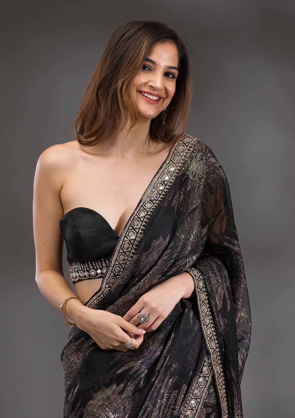 Black Stonework Shimmer Saree-Koskii