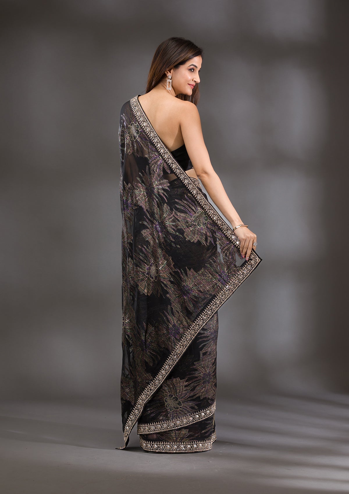 Black Stonework Shimmer Saree-Koskii