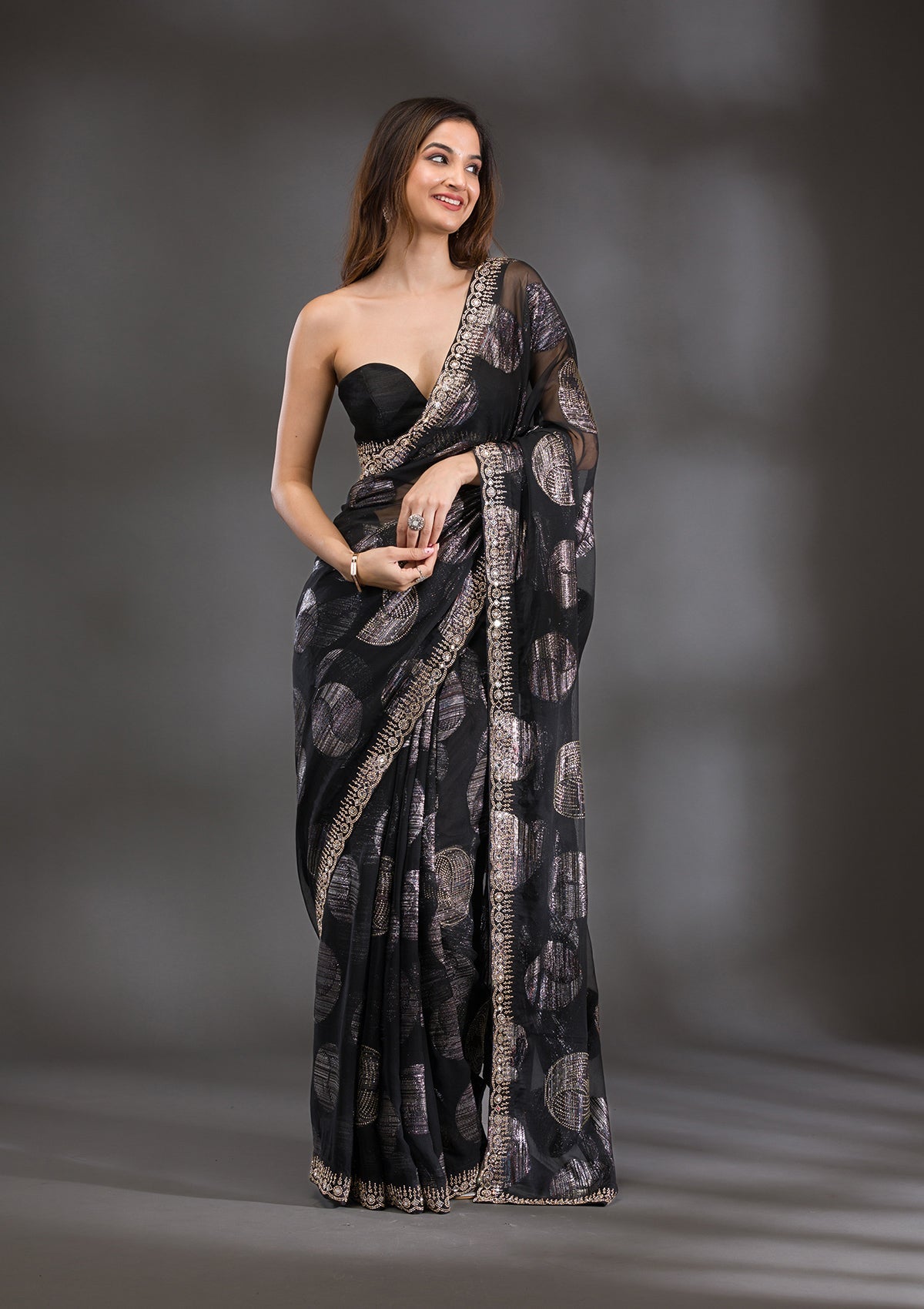 Black Stonework Shimmer Saree-Koskii