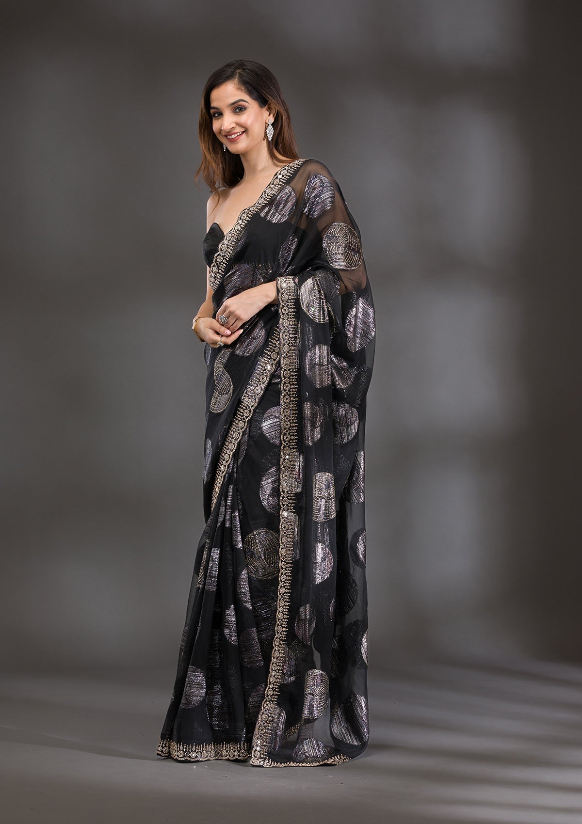 Black Stonework Shimmer Saree-Koskii