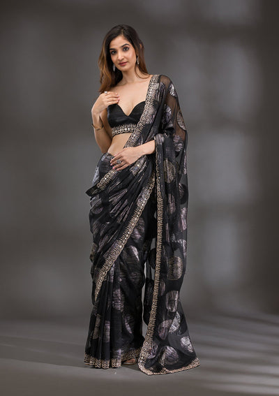 Black Stonework Shimmer Saree-Koskii