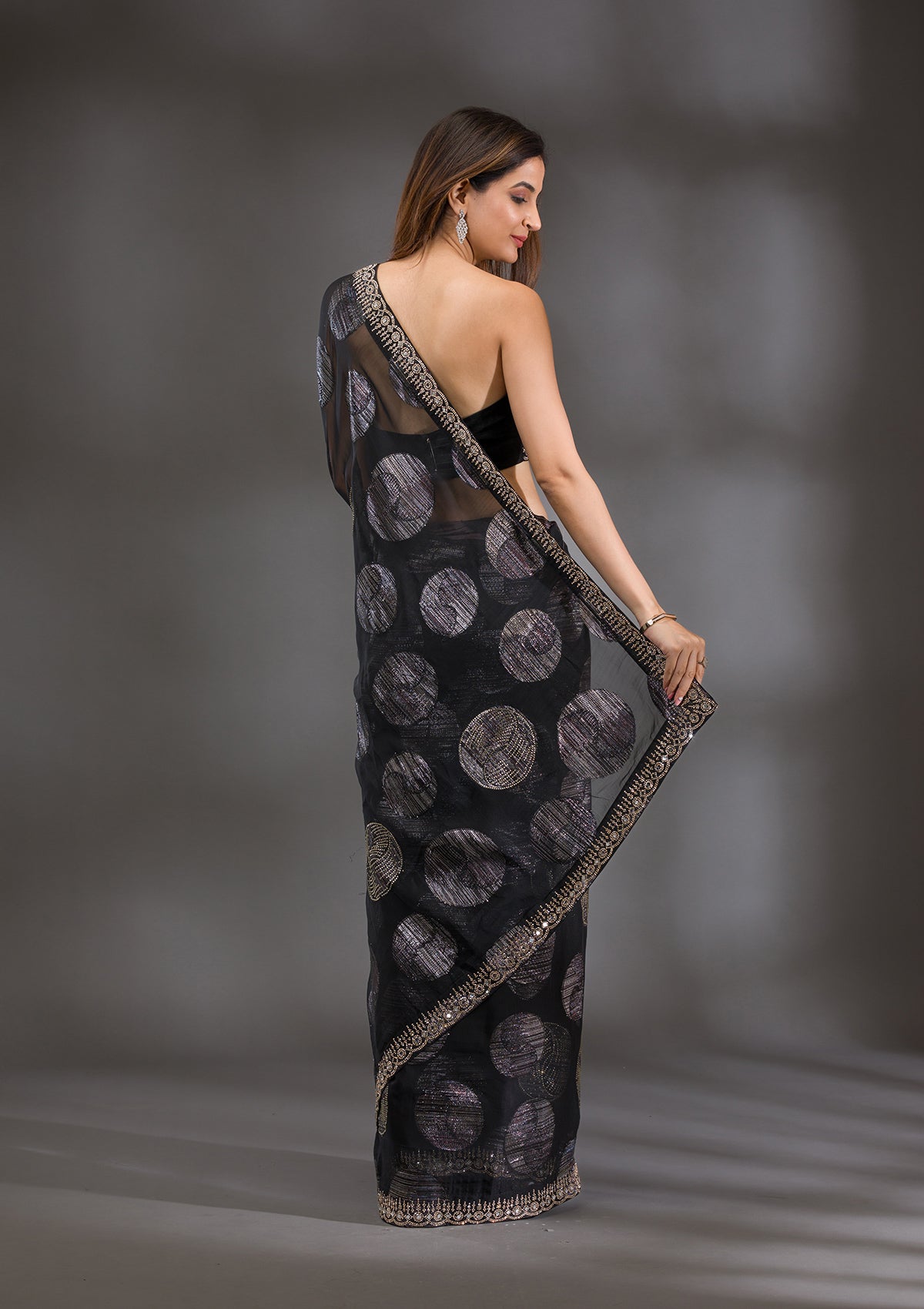 Black Stonework Shimmer Saree-Koskii