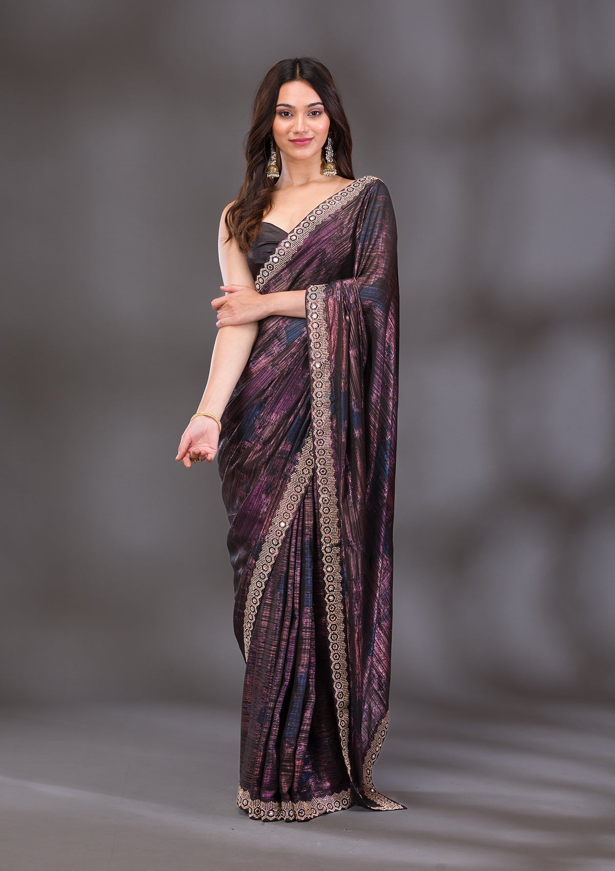 Black Stonework Shimmer Saree-Koskii