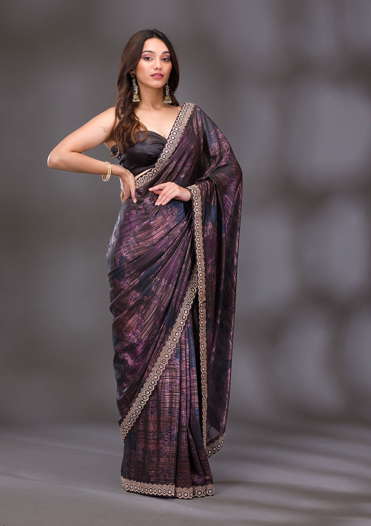 Black Stonework Shimmer Saree-Koskii