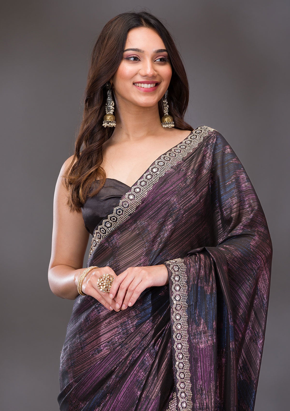 Black Stonework Shimmer Saree-Koskii