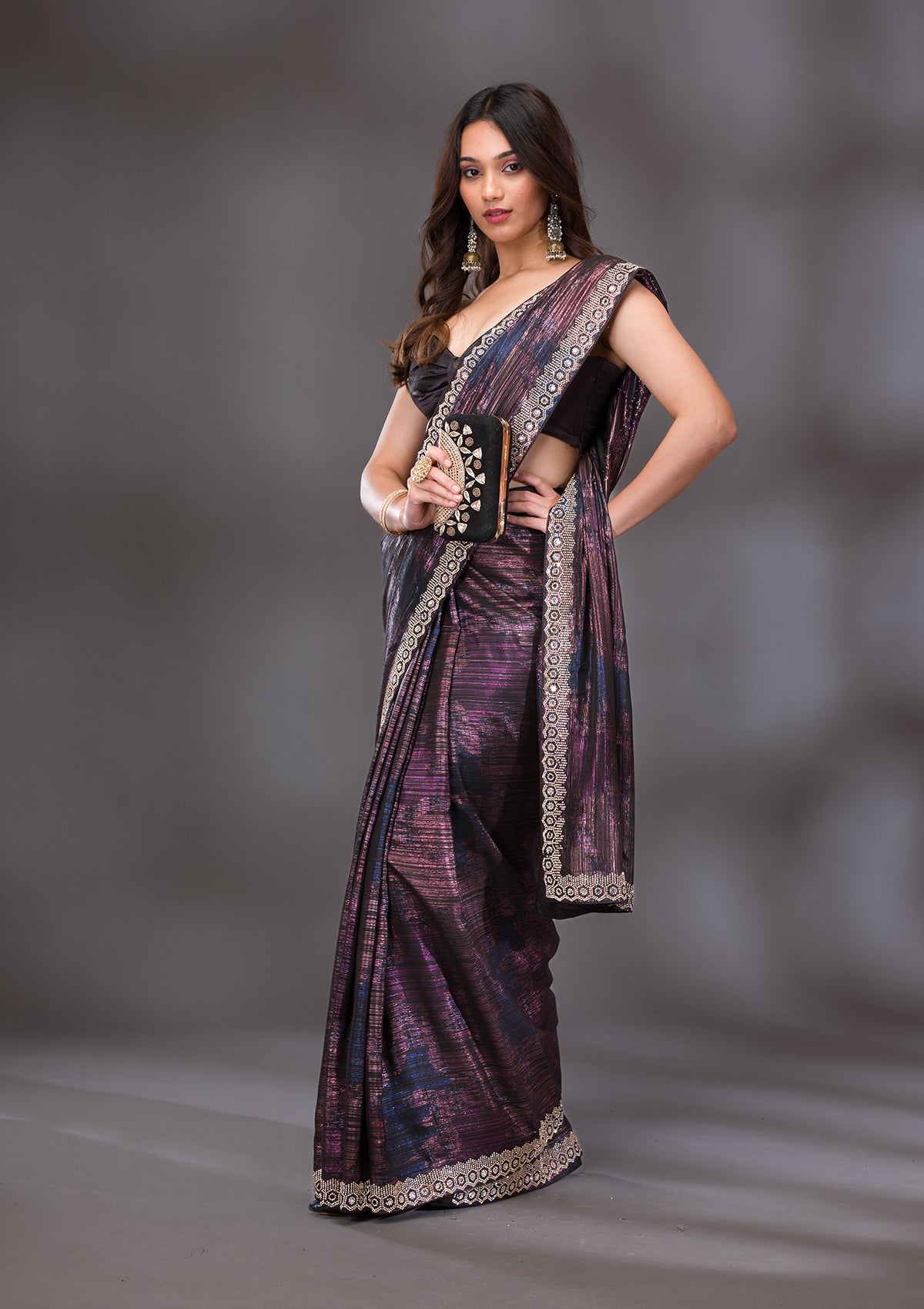 Black Stonework Shimmer Saree-Koskii