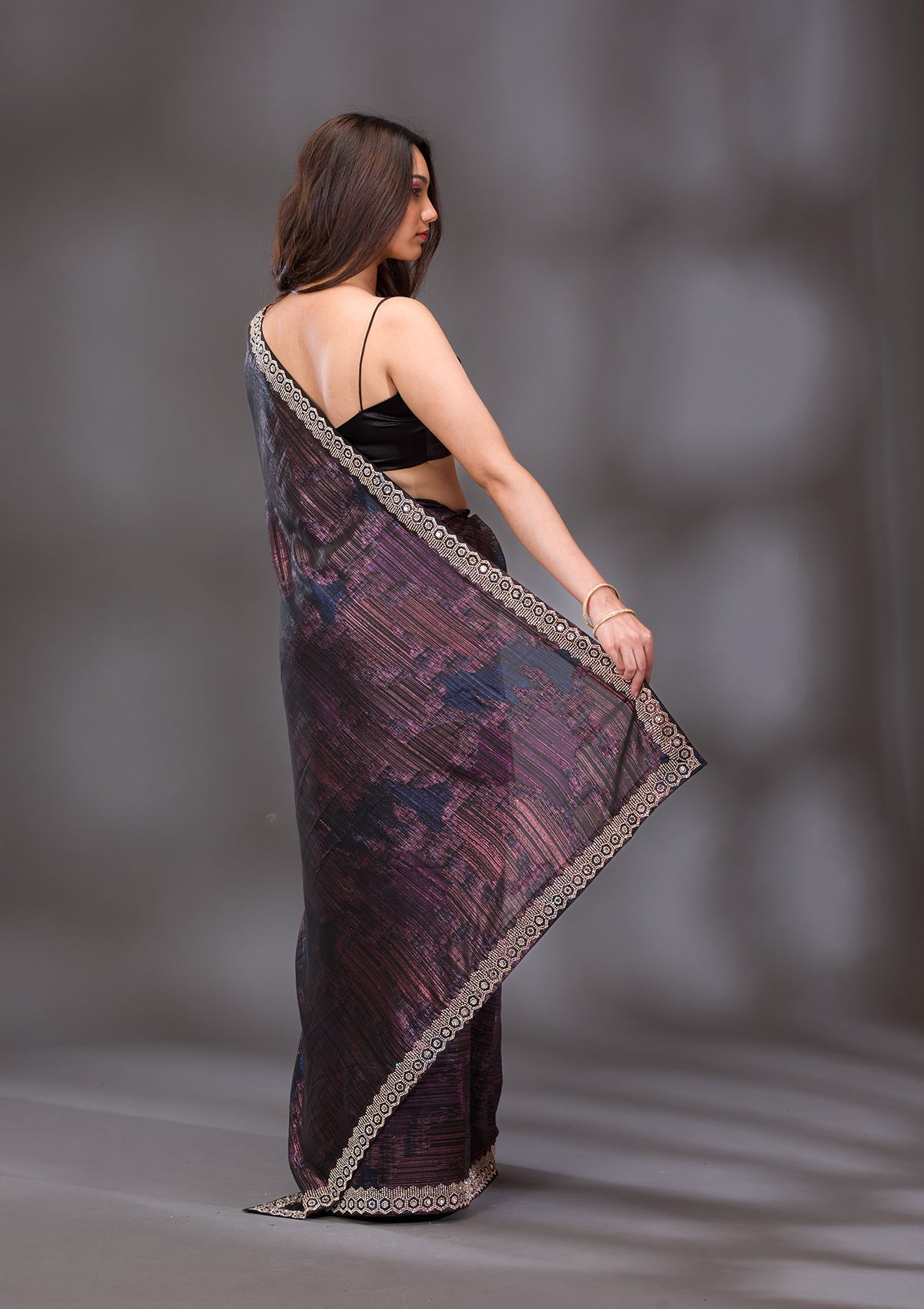 Black Stonework Shimmer Saree-Koskii