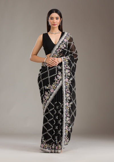 Black Stonework Tissue Saree-Koskii