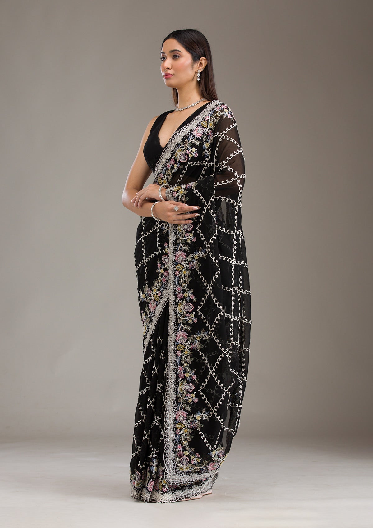 Black Stonework Tissue Saree-Koskii