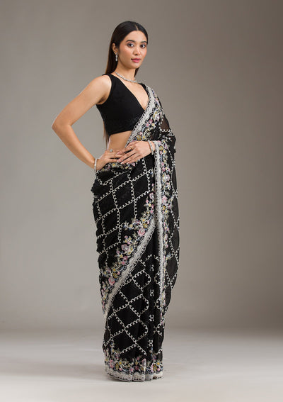 Black Stonework Tissue Saree-Koskii