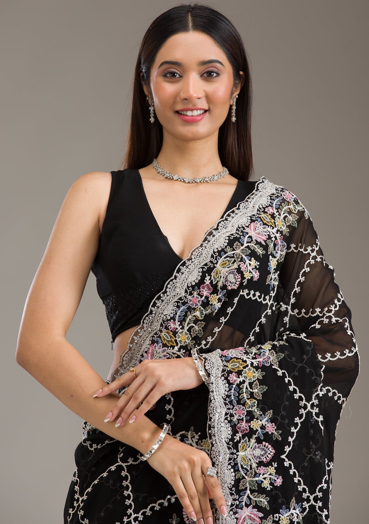 Black Stonework Tissue Saree-Koskii