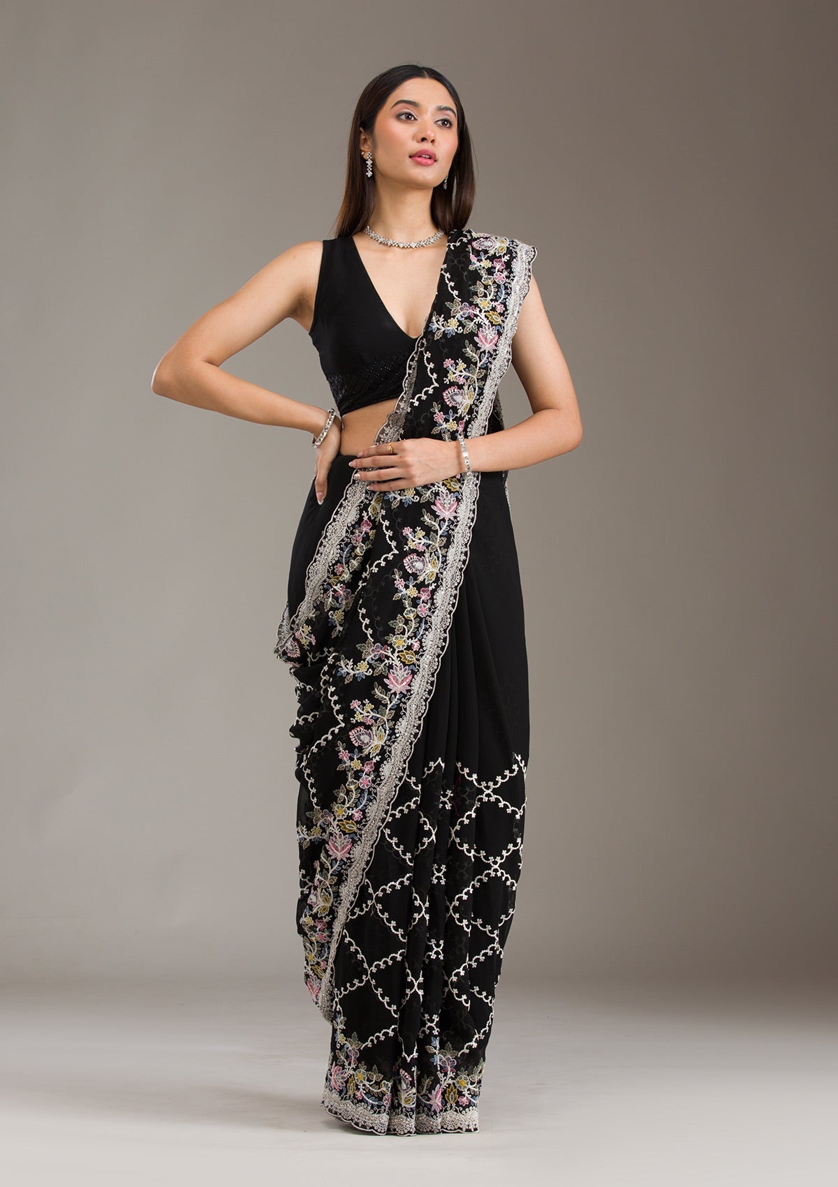 Black Stonework Tissue Saree-Koskii