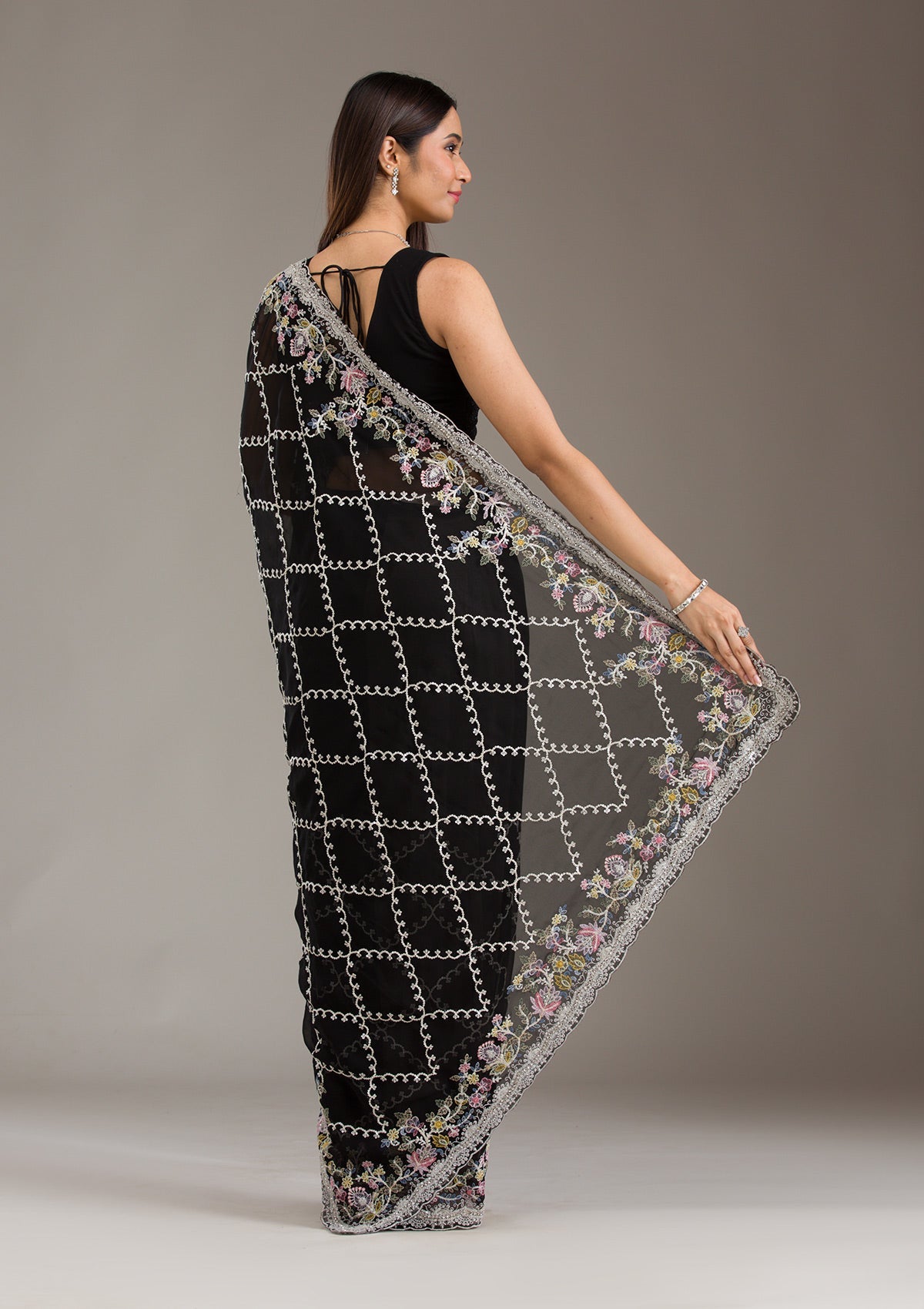 Black Stonework Tissue Saree-Koskii