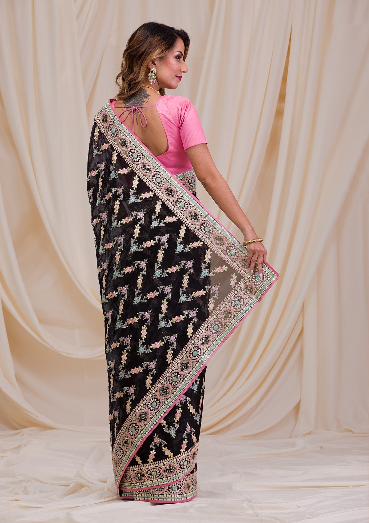 Black Swarovski Chiffon Saree-Koskii