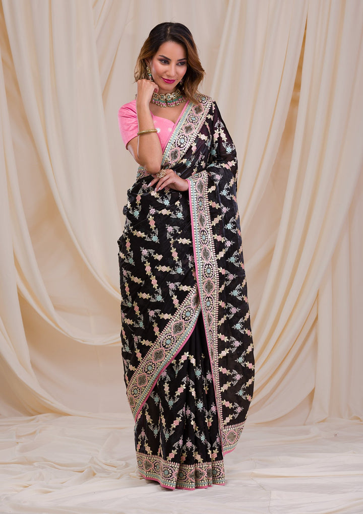 Black Swarovski Chiffon Saree-Koskii