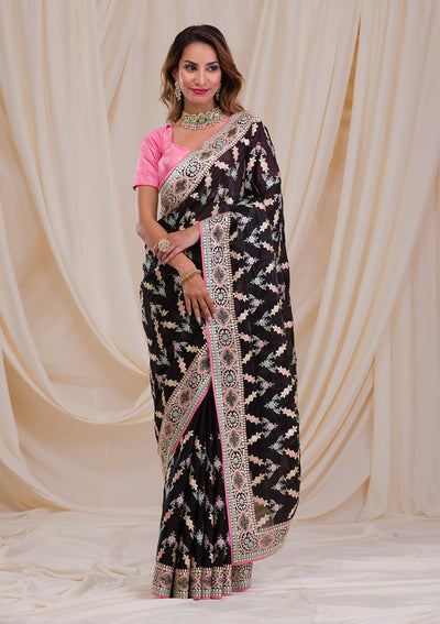 Black Swarovski Chiffon Saree-Koskii