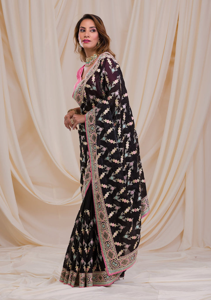Black Swarovski Chiffon Saree-Koskii