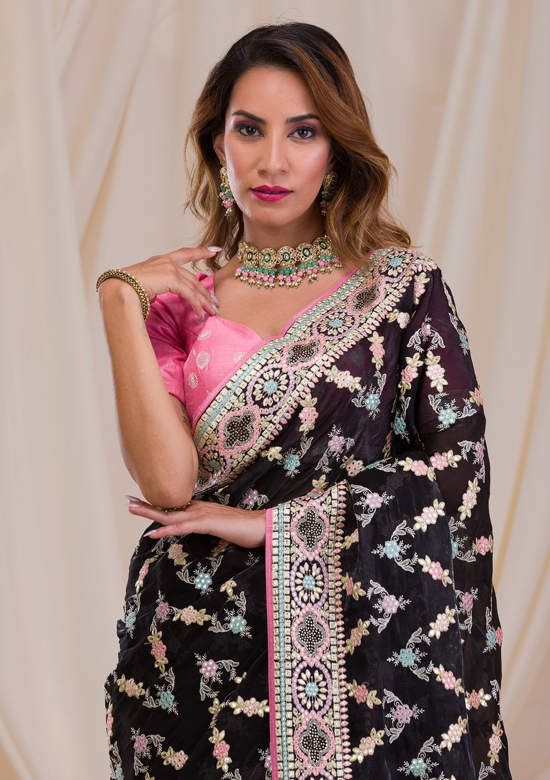 Black Swarovski Chiffon Saree-Koskii