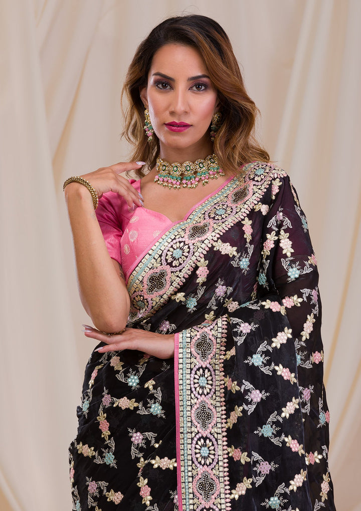 Black Swarovski Chiffon Saree-Koskii