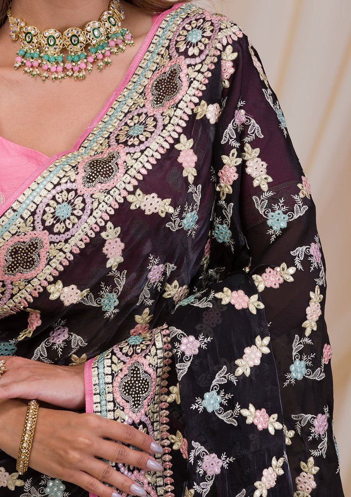 Black Swarovski Chiffon Saree-Koskii