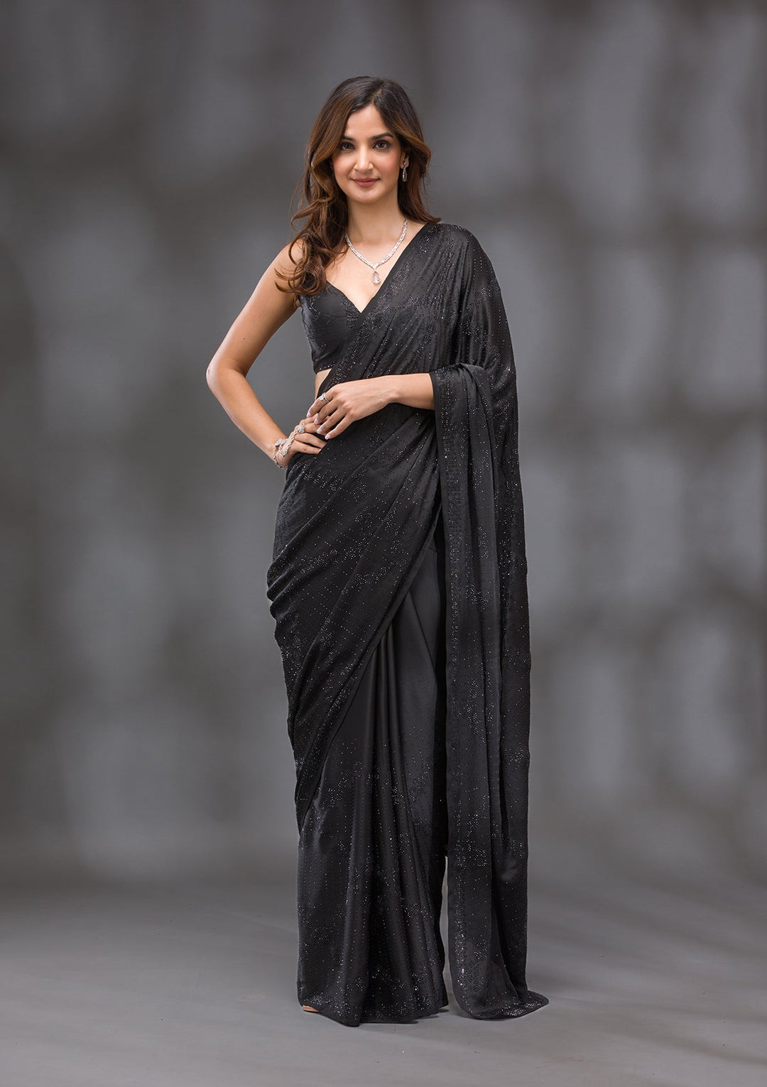 Black Swarovski Crepe Saree-Koskii