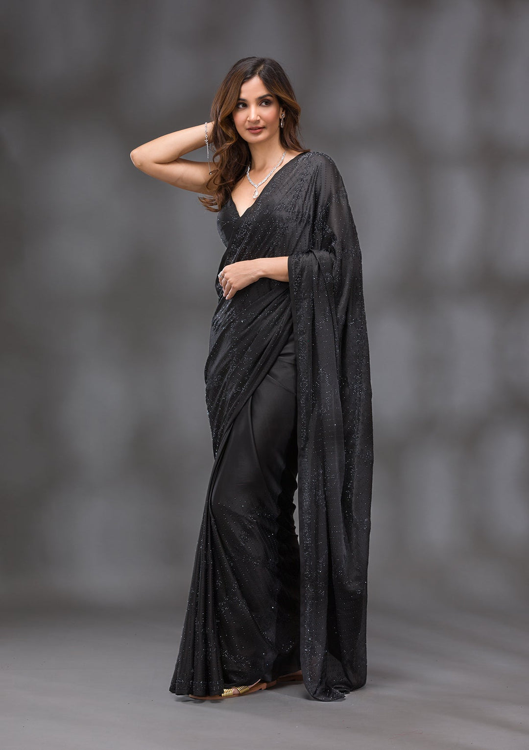 Black Swarovski Crepe Saree-Koskii