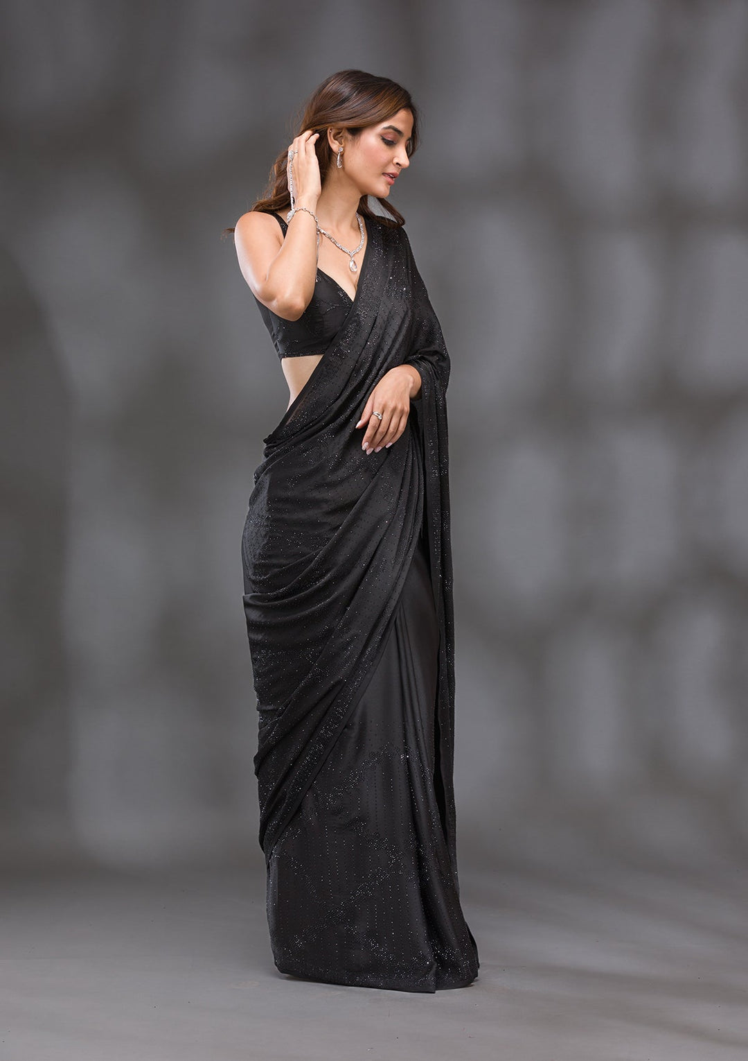 Black Swarovski Crepe Saree-Koskii