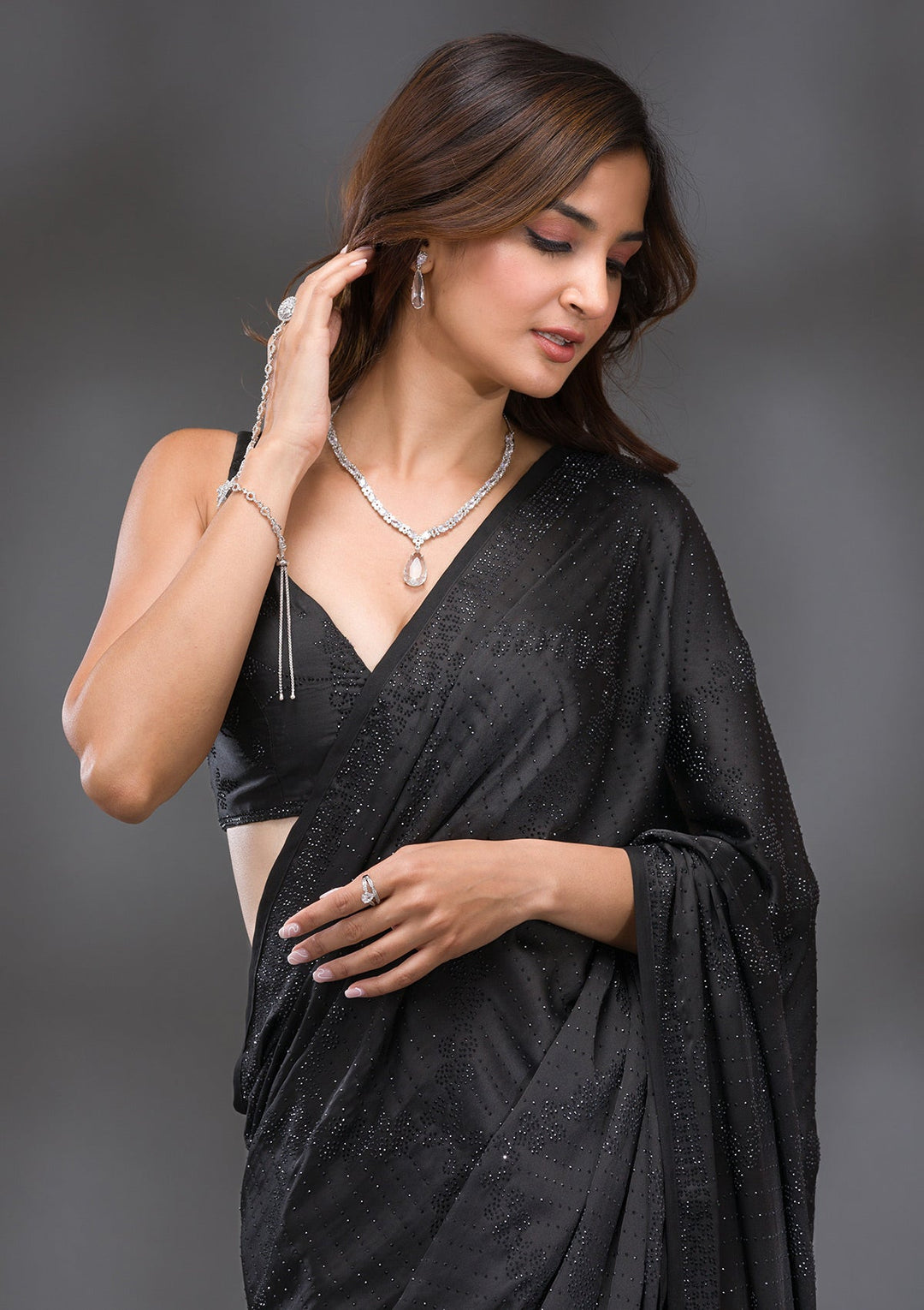 Black Swarovski Crepe Saree-Koskii