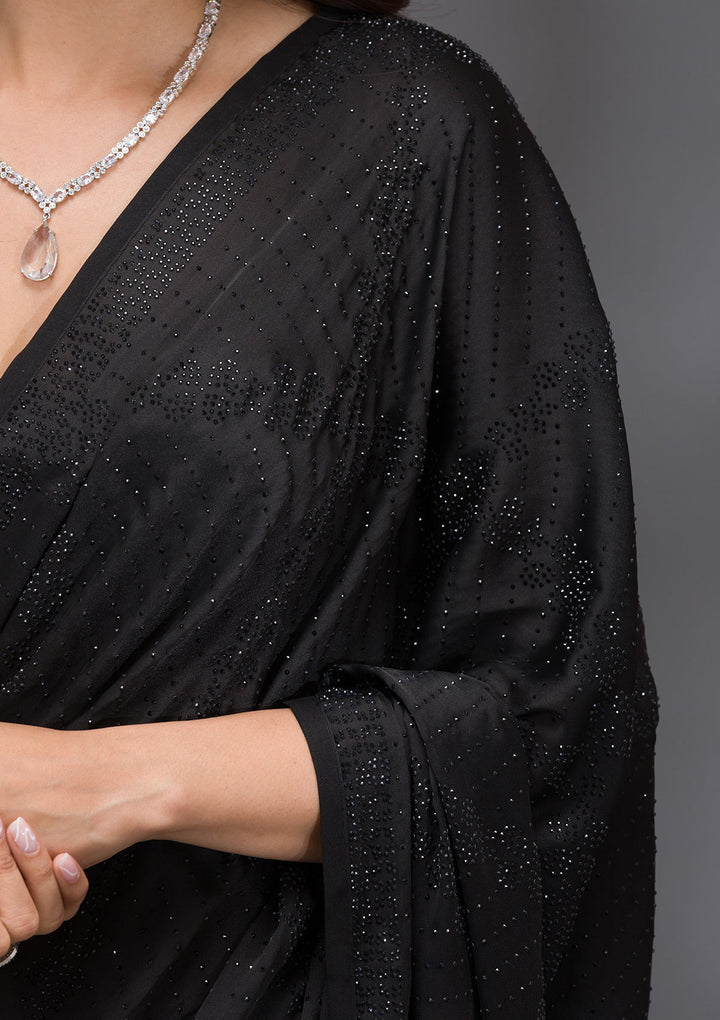Black Swarovski Crepe Saree-Koskii