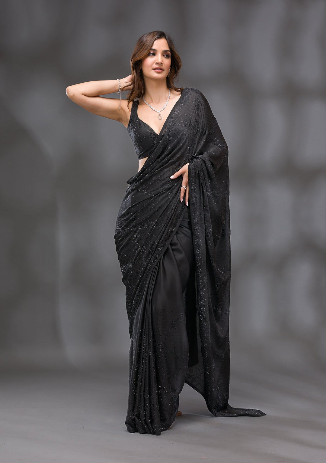 Black Swarovski Crepe Saree-Koskii