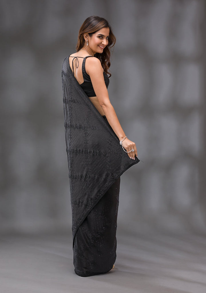 Black Swarovski Crepe Saree-Koskii
