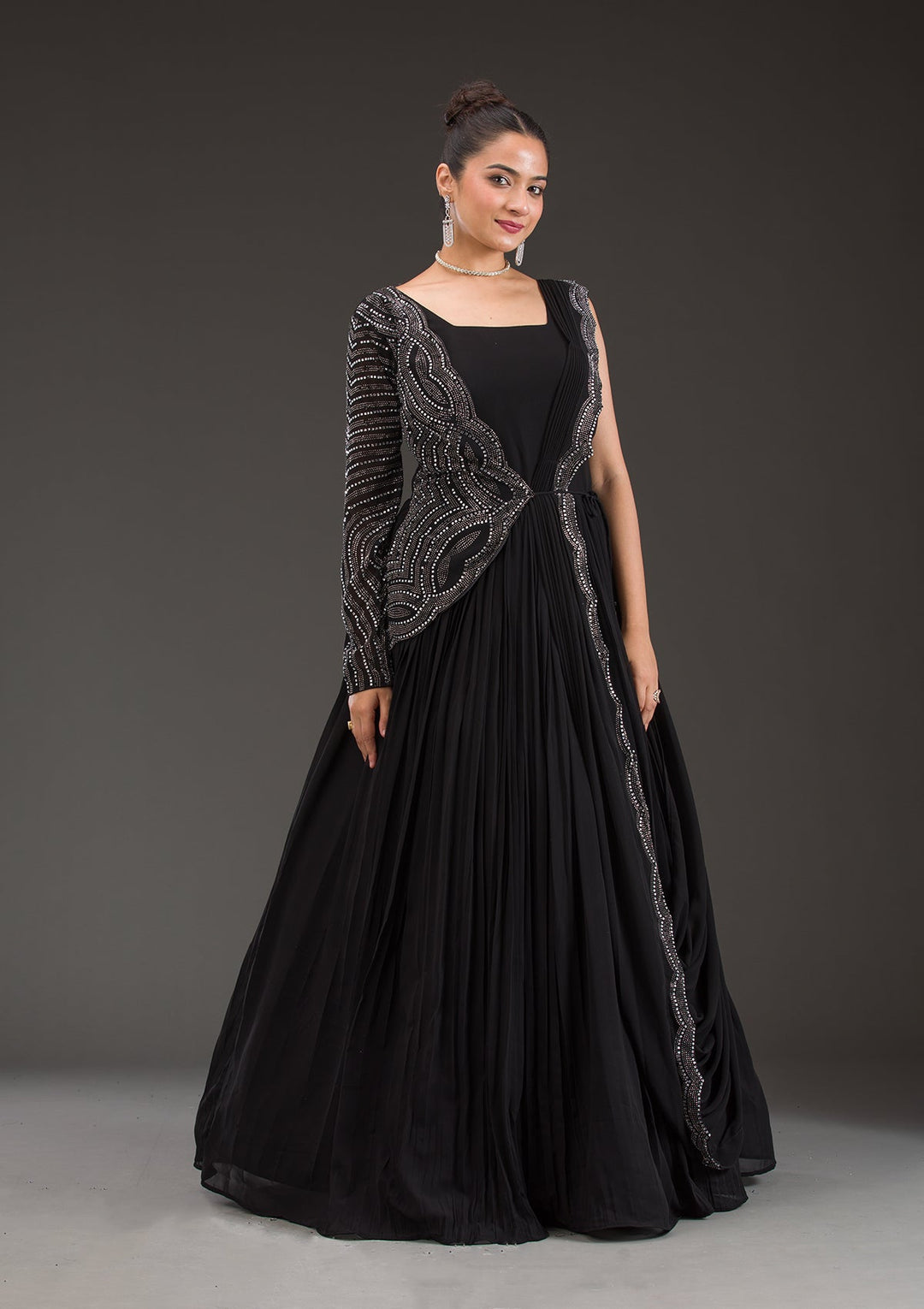 Black Swarovski Georgette Gown-Koskii