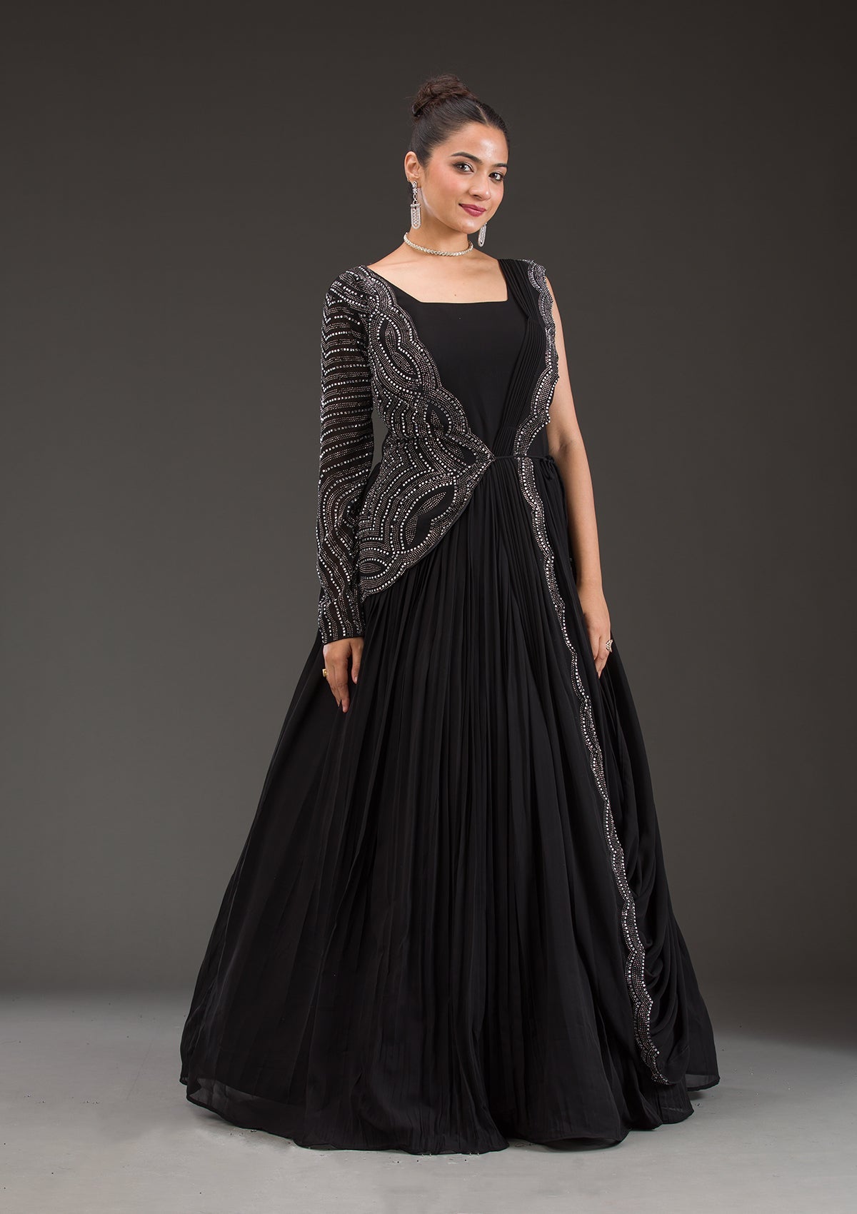 Black Swarovski Georgette Gown-Koskii