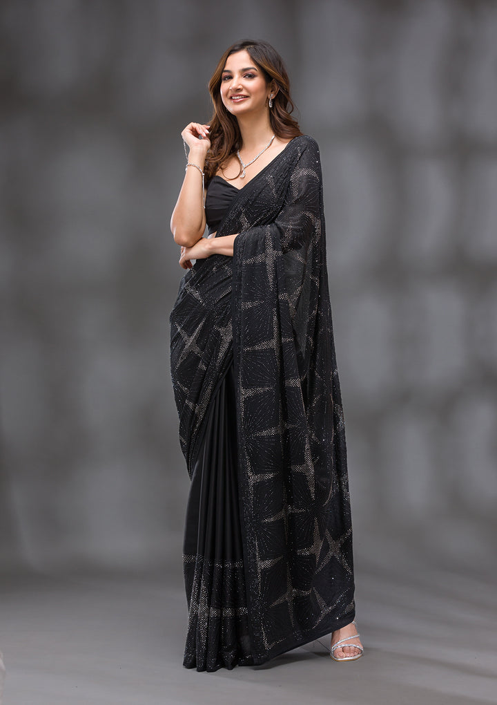 Black Swarovski Satin Saree