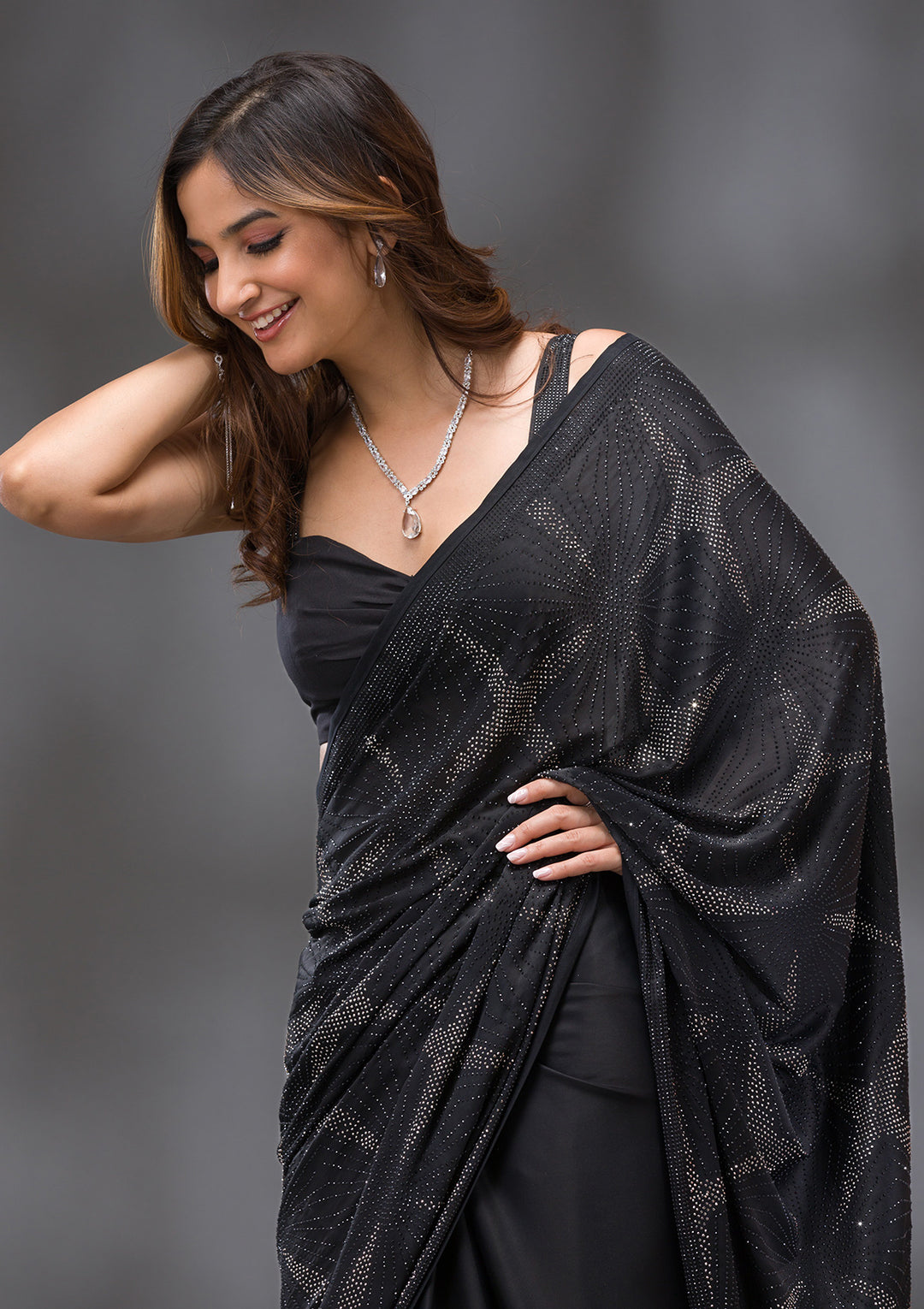 Black Swarovski Satin Saree