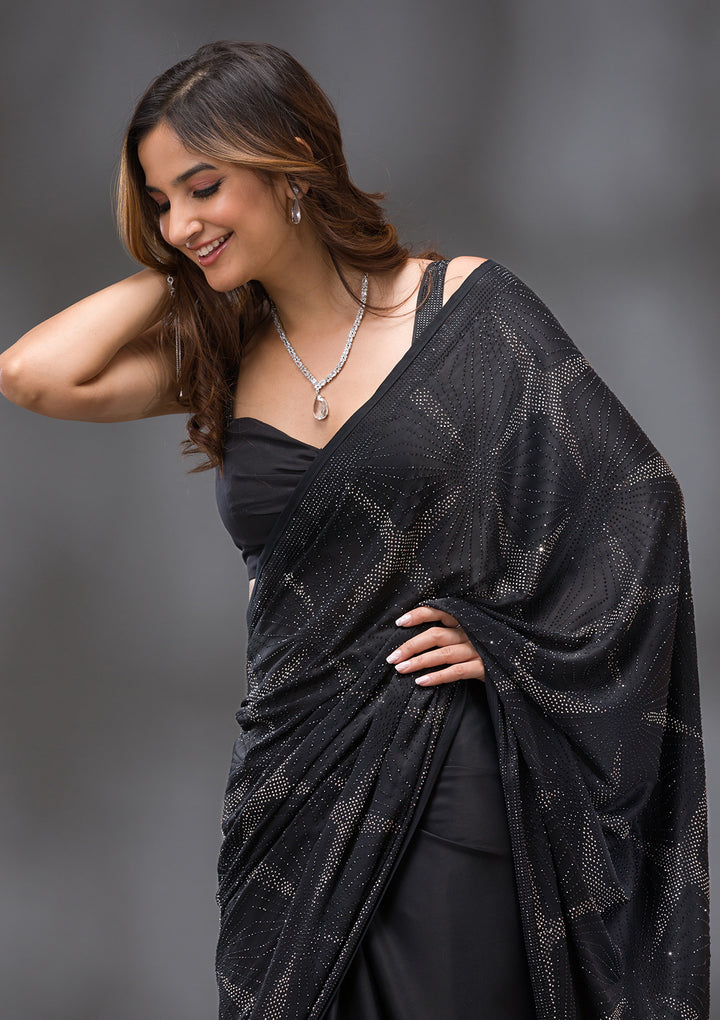 Black Swarovski Satin Saree