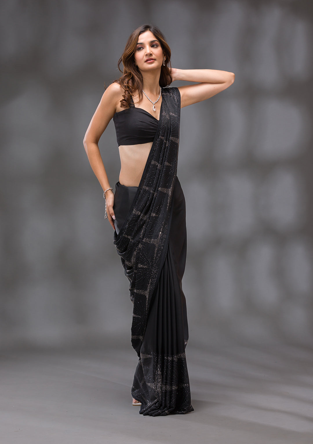 Black Swarovski Satin Saree