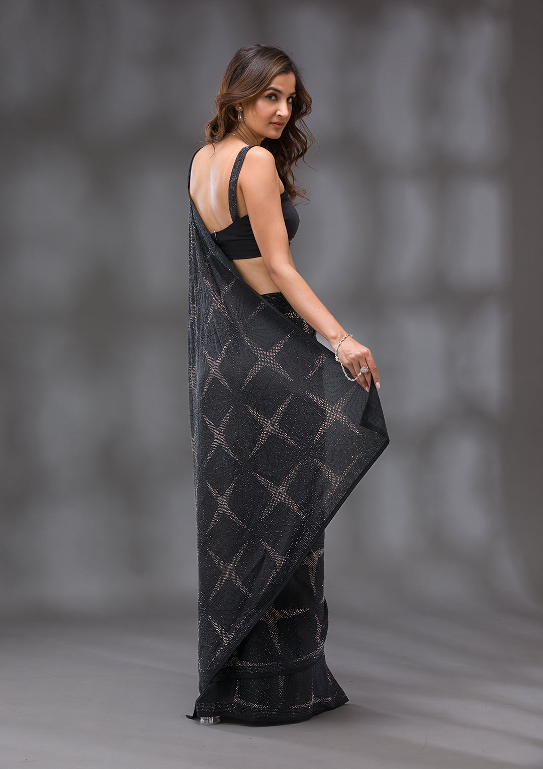 Black Swarovski Satin Saree