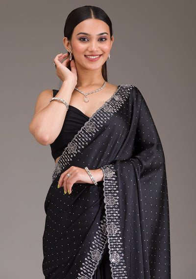 Black Swarovski Satin Saree-Koskii