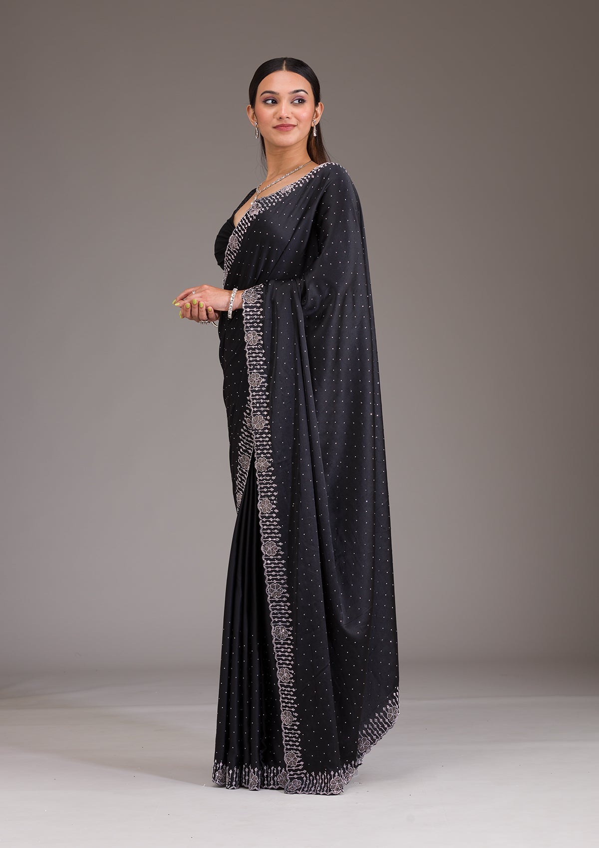 Black Swarovski Satin Saree-Koskii