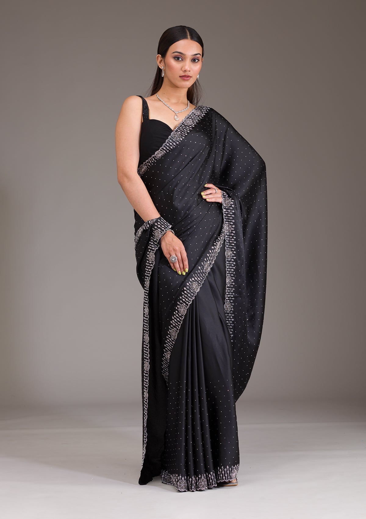 Black Swarovski Satin Saree-Koskii