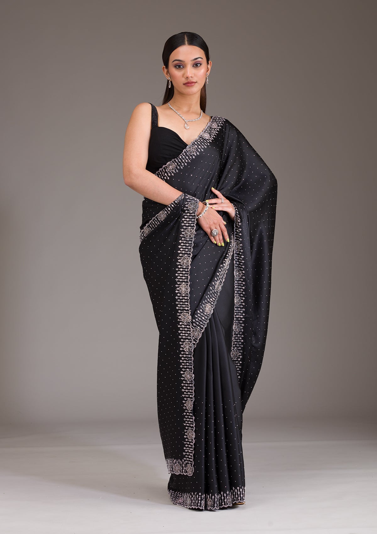 Black Swarovski Satin Saree-Koskii