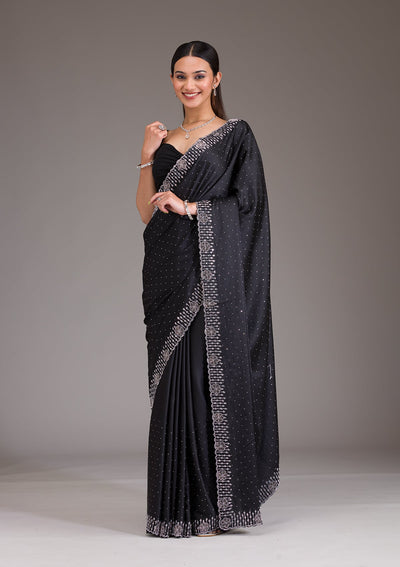 Black Swarovski Satin Saree-Koskii