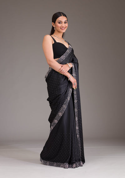 Black Swarovski Satin Saree-Koskii