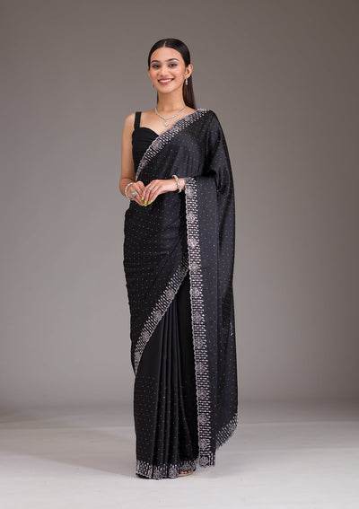 Black Swarovski Satin Saree-Koskii